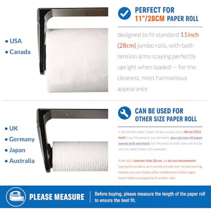 ONE Hand Simple Tear Paper Towel Holder Under Cabinet (White) | tension arms, tear one/more sheets at one time | aluminum alloy+abs | adhesive or drilling for wall/cabinet | for 28cm roll