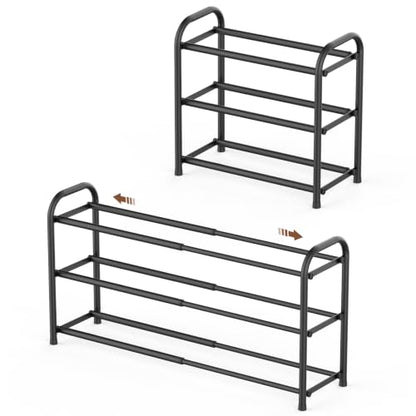Gonfoam Expandable 3-Tier Shoe Rack for Closet and Entryway, Black | Tool-Free Assembly, Metal Material, Adjustable Shoe Organizer, Sturdy, Small Space Solution, Dorms, Garages, Apartments.