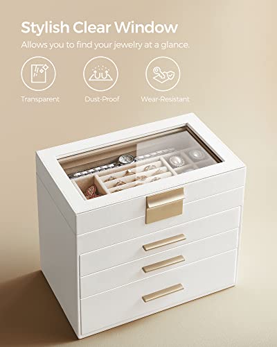SONGMICS GISELLA Collection - Jewelry Box with Glass Lid, 4-Layer Jewelry Organizer, 3 Drawers, for Sunglasses, Big Jewelry, Jewelry Storage, Modern Style, Cloud White and Gold Colour UJBC161W01