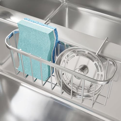 Sponge Holder for Kitchen Sink, Movable Kitchen Sink Caddy with Compact Size Rustproof and Waterproof Hanging Sponge Caddy for Double Bowl Sinks, Silver