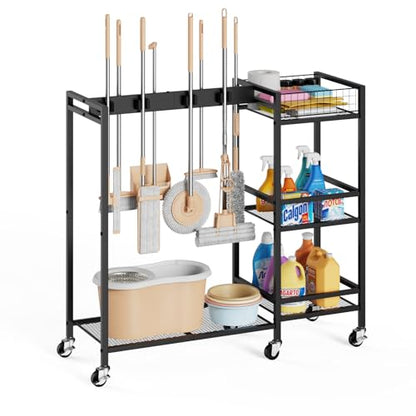 Broom Holder with Cleaning Supplies Organizer, Movable Broom Closet Storage Cabinet with Cleaning Caddy, Cleaning Cart with Mop Rack, Janitorial Housekeeping Cart on Wheels, Laundry Room Organization