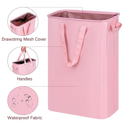 efluky Slim Laundry Basket, Narrow Laundry Hamper with Handles, Collapsible Dirty Clothes Hamper, Tall Laundry Bin for Laundry Room, Dorm and Bedroom, 12.7 Gallons(48L) Pink