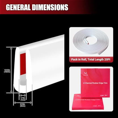 Rubber Edge Trim, Flexible Baby Proof Edge Trims for Sharp Edges, 1/16" U Channel Edge Protector, Self Adhesive Edge Guards for Car Doors and Sheet Metal Parts, 20Ft, White Color, Silicone Material