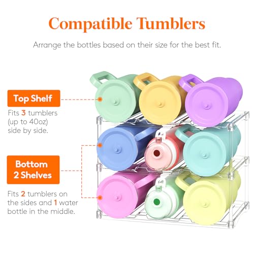 Lifewit Stackable Bottle Storage Organizer, Clear Freestanding Wine Holder for Cabinet, Large Slot Water Bottle Tumbler Cup Organizer for Pantry, Plastic Wine Rack for Fridge Cellar, 3Tier Hold 9