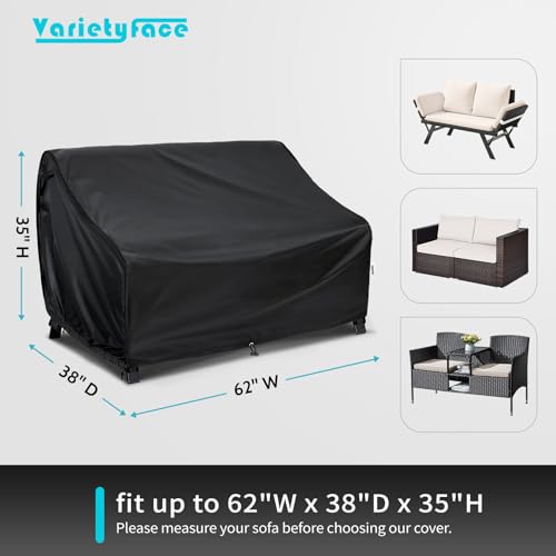Outdoor Couch Cover Waterproof, Various Size for Patio Sofa | Fit 62x38x35 inch for 2-Seater Loveseat Outside Bench, Height Adjustable, Windproof Buckle Strap, Storage Bag, 2 Pack, Black