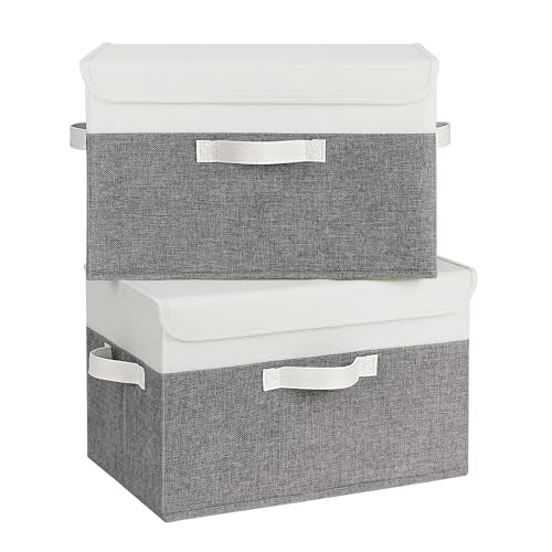 GRANNY SAYS Fabric Storage Boxes, Memory Keepsake Box, Large Storage Bins with Lids, Closet Organizers, Toy Box, Storage Baskets for Shelves, White/Gray, 2-Pack
