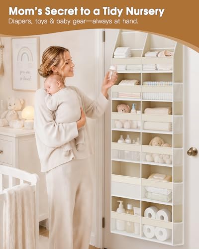 Over the Door Organizer, Extra Large 12 Compartments Closet Hanging Storage with 14 Mesh Pockets, 85lbs Capacity Behind the Door Storage for Baby Nursery, Bathroom, Bedroom, and Dorm, Beige