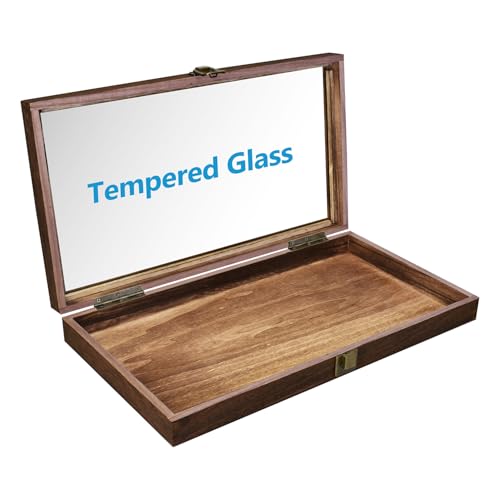 MOOCA Wood Jewelry Display Case with Tempered Glass Top, Black Velvet Pad | Wood display case with a glass top and removable black velvet pad accommodates taller jewelry and collectibles.