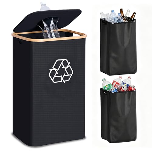 efluky Recycling Bin for Kitchen 26 Gallon, 100L Recycle Bin with 2 Removeable and Reusable Inner Bag, Large Recycling bin with lid for Bottle Can Plastice Stickers (Black)