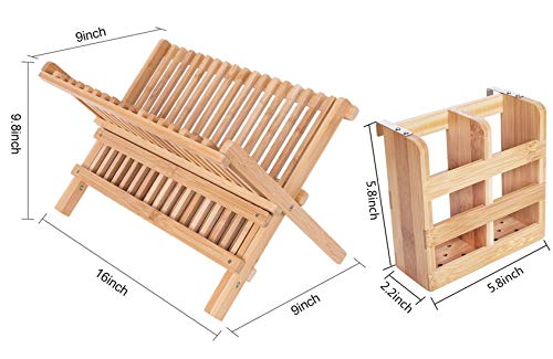Lawei Bamboo Dish Drying Rack with Utensil Holder - Collapsible Dish Drainer Foldable Dish Rack Bamboo Plate Rack for Plates, Cups, Mugs, Utensil, Flatwares