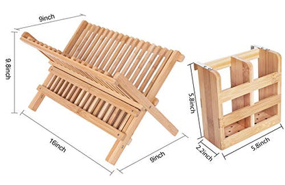 Lawei Bamboo Dish Drying Rack with Utensil Holder - Collapsible Dish Drainer Foldable Dish Rack Bamboo Plate Rack for Plates, Cups, Mugs, Utensil, Flatwares