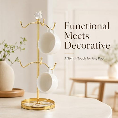 Mug Tree Coffee Cup Holder for Counter Top 6 Hooks(Gold) | Double Tier Metal Mug Tree for Counter with Crystal Ball for Small-Space,Mug Stand Tree Countertop with Patterned Base Rim