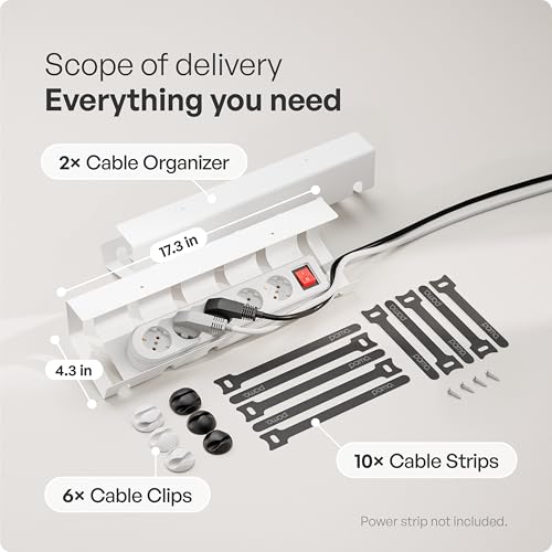 PAMO Cable Management Under Desk, Set of 2 - White | Includes 10 x cable holders, cable clips & screws, easy installation - made of high quality powder coated steel.