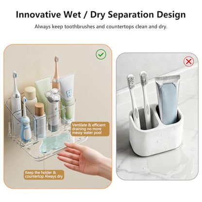 MOPMS Toothbrush Holders for Bathrooms with 5 Slots Adjustable Dividers | Electric Tooth Brush and Toothpaste Holder with Drain Tray for Easy Clean, Wall Mounted & Countertop Organizer for Shower