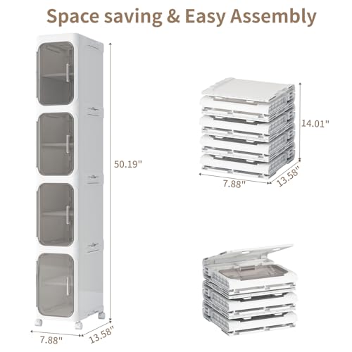 4 Tier Slim Bathroom Storage Cabinet, Foldable and Movable, White | Tools Free, ABS and PET, Magnetic Clear Door, Adjustable Shelves, Lockable Wheels, Water Resistant, For Narrow Space