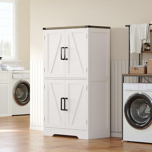 Farmhouse Bathroom Floor Cabinet with Adjustable Shelves | 13.78"D x 23.62"W x 43.46"H, Freestanding Kitchen Pantry Cabinet, Cupboard for Living Room, Dining Room, White