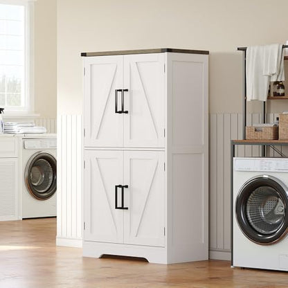 Farmhouse Bathroom Floor Cabinet with Adjustable Shelves | 13.78"D x 23.62"W x 43.46"H, Freestanding Kitchen Pantry Cabinet, Cupboard for Living Room, Dining Room, White