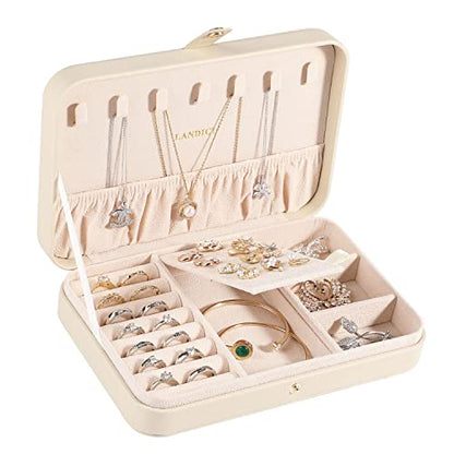 LANDICI Small Jewelry Box for Women Girls, PU Leather Travel Jewelry Case, Portable Jewelry Organizer Storage Holder Display for Ring Earrings Necklace Bracelet Brooch Men Kids Gift, Apricot