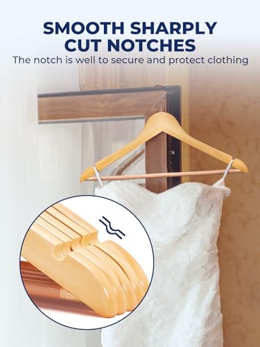 Wooden Hangers 10 Pack, Solid Wood Coat Hanger for Closet, Heavy Duty Wood Hangers for Suits, Shirts, Dresses, with 360° Rose Gold Hook, Non Slip Pant Bar, Natural