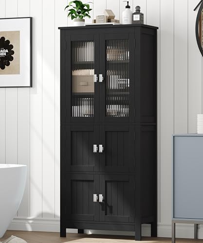 53.1" Tall Bathroom Cabinet 6 Doors Linen Floor Storage Cabinet | Bathroom Floor Cabinet with Adjustable Shelf, Pantry Cabinet for Living Room, Kitchen, Entryway, Black
