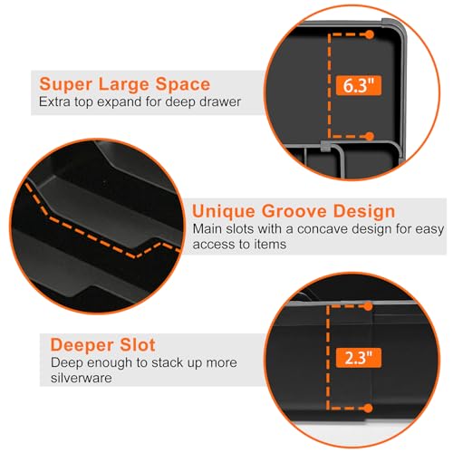 Silverware Organizer - Expandable Kitchen Drawer Organizer, Utensil Drawer Organizer, Adjustable Plastic Flatware and Cutlery Holder, Kitchen Organizers Storage for Forks Knives, Black