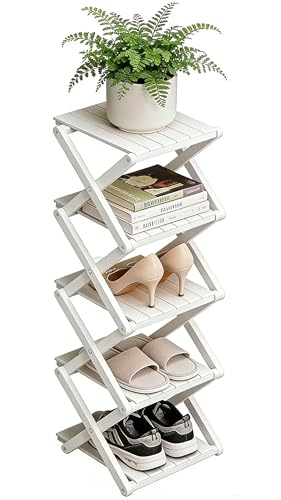 Bamboo Shoe Rack - No Assembly Required, Tall Narrow Foldable Shoe Organizer, Space-Saving Multifunctional Shelf for Entryways, Corners, Bedrooms, Balconies, 5 Layer White (Reinforced And Thickened )