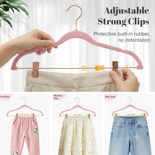 HOUSE DAY Pants Hangers with Clips 24 Pack, with Rose Gold Hook and Clips | Non Slip Velvet Flocked, Swivel Hook, Space Saving, Rubber Padded Clips, For Pants, Skirt, Shorts, Coat, Outfit - Pink