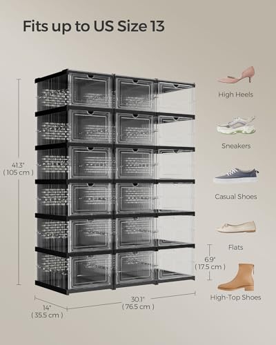 SONGMICS Foldable Shoe Boxes, Stackable Shoe Storage Organizer | Pack of 18, Portable, Fit up to US size 13, 60s Assembly, Transparent and Ink Black ULSP207B01