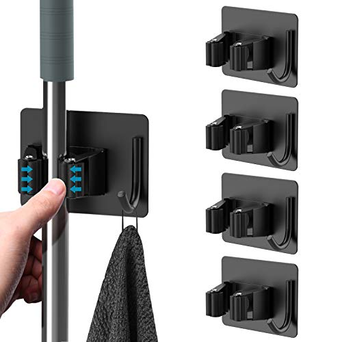 Broom Holder Wall Mount 4Pcs, Self Adhesive Mop Br... (Black | Stainless Steel)