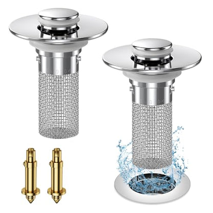 Vakabiu 2024 New Pop Up Bathroom Sink Drain Strainer Hair Catcher, Sink Drain Stopper with Removable Stainless Steel Filter Basket,for US Bathroom Sink Stopper Replacement (2PCS)