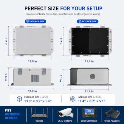 Outdoor Electrical Box with Ventilation System, Weatherproof ABS Junction Box with Removable Mounting Panel & Hinged Cover for Router, CCTV, Solar Controller & Outdoor Equipment(13" H* 9.2" L* 5.6" W)
