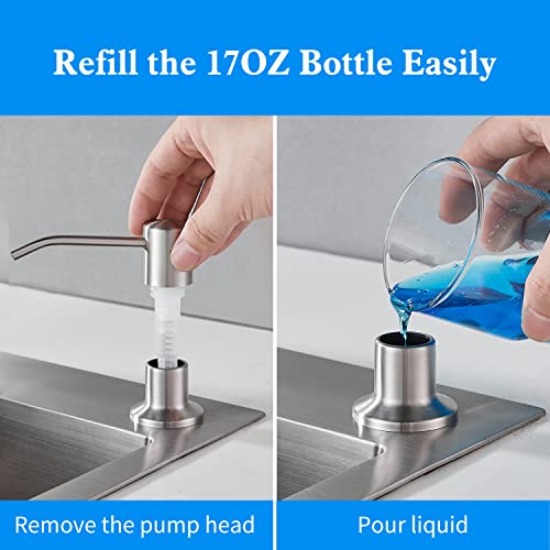 Built in Soap Dispenser for Kitchen Sink, Brushed Nickel Stainless Steel Countertop Pump Head (Plastic Built-in), Dish Soap Hand Lotion Dispenser with Refillable 17OZ Bottle