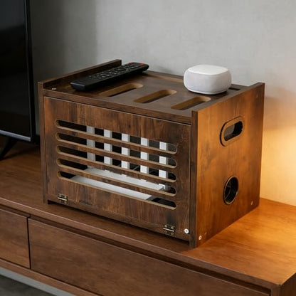 Wooden Router Box with Cable Management | WiFi Modem Storage Organizer Shelf with Ventilation Holes, Brown