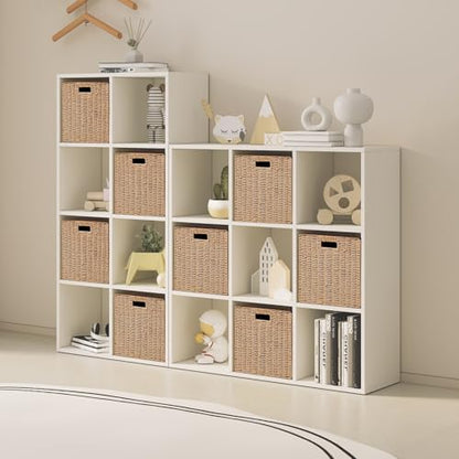 Foldable Storage Baskets with Handles Paper Rope Storage Baskets Rectangle Collapsible Hand Woven Storage Cubes Bins for Organizing Shelves Living Room Bedroom Pantry (4, 11'' x 11'' x 11'')