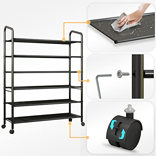 Tall 6-Tier Metal Shoe Rack,Non-Woven Fabric Shoe Shelf,Large Storage Racks with Locking Wheels,Rolling Shoe Storage Organizer Shoe Stand Holders,for Garage Closet Dorm,Black