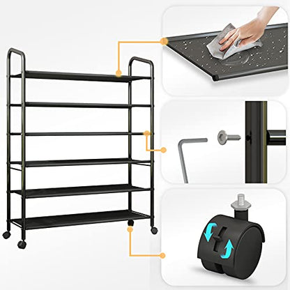 Tall 6-Tier Metal Shoe Rack,Non-Woven Fabric Shoe Shelf,Large Storage Racks with Locking Wheels,Rolling Shoe Storage Organizer Shoe Stand Holders,for Garage Closet Dorm,Black