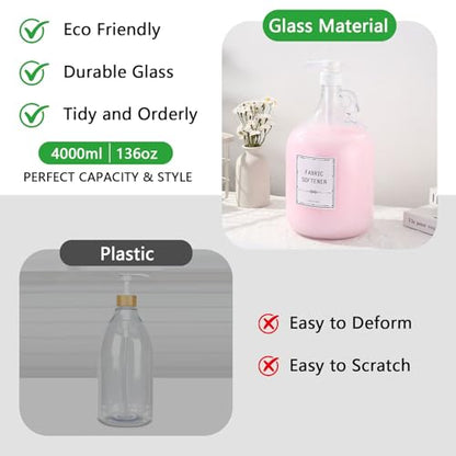 2pcs Glass Liquid Laundry Detergent Dispenser-1 Gallon Glass Pump Bottle Dispensers-Laundry Detergent Dispenser for Fabric Softener, Bleach, Shampoo, Body Wash- Laundry Soap Dispenser