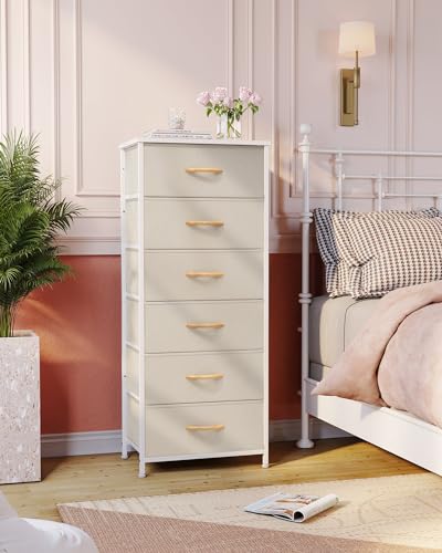 Tall 6-Drawer Fabric Dresser Tower for Closet, Vertical Storage, Beige | Sturdy Steel Frame, Wood Top and Easy Pull Fabric Bins Handles - Organizer Unit for Bedroom, Hallway, Entryway