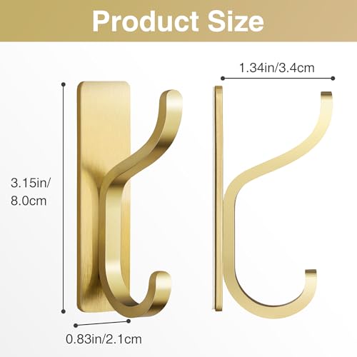 Adhesive Wall Hooks for Towel/Coat,13Lb Strong Stick-On Hooks, Gold 4 Pack | Hooks for Walls No Damage, Hooks Hanging Heavy Duty, Peel and Stick Hooks for Closet, Door, Bathroom, for Purse, Bag, Cloth