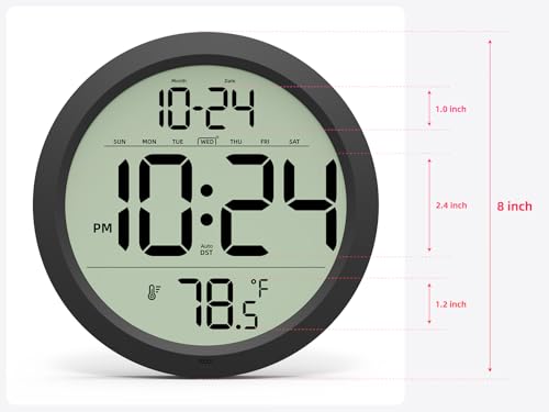 Digital Wall Clock Battery-Operated, 8 Inch Small Decorative Modern Wall Clock with Date, Temperature, Auto-DST, Silent Electric Wall Clock for Bedroom, Living Room, Kitchen, Office, Farmhouse -Black