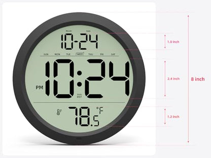 Digital Wall Clock Battery-Operated, 8 Inch Small Decorative Modern Wall Clock with Date, Temperature, Auto-DST, Silent Electric Wall Clock for Bedroom, Living Room, Kitchen, Office, Farmhouse -Black