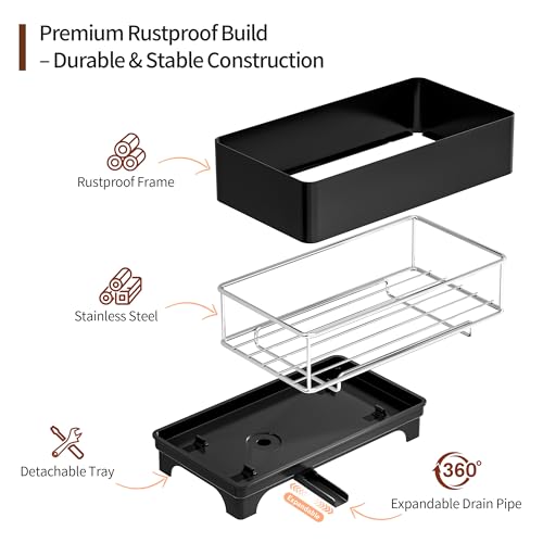 Sponge Holder for Kitchen Sink, Rustproof Stainless Steel Black | Large Capacity/360° Rotating Drain Keeps Counter Dry/Holds Sponges & Soap Bottle/Easy-Clean Removable Tray