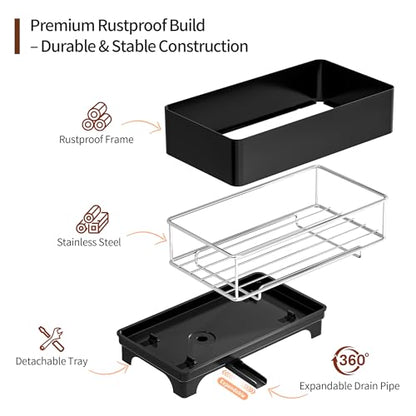 Sponge Holder for Kitchen Sink, Rustproof Stainless Steel Black | Large Capacity/360° Rotating Drain Keeps Counter Dry/Holds Sponges & Soap Bottle/Easy-Clean Removable Tray