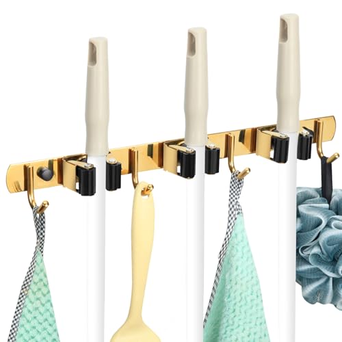 3 Racks and 4 Heavy Duty Hooks Mop and Broom Holder Wall Mount, Non-slip Organizer Storage Utility Tool Racks for Garage,Kitchen,Laundry Room,Garden. Gold