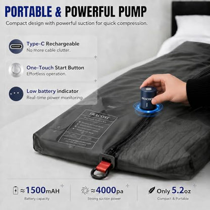 Travel Vacuum Bags with Pump, Compression Bags, Waterproof & Reusable Nylon Vacuum Travel Kit, Portable Space Saver Storage Bags with Wireless Vacuum Pump for Carry-On Backpack & Suitcase, 2 Pack