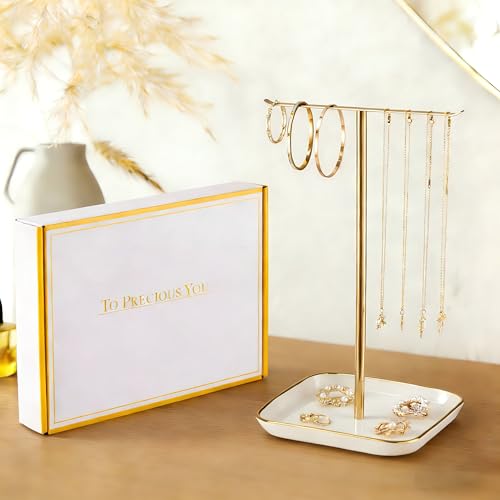 Jewelry Holder Stand with Ceramic Base, Necklace Tree: 12"Tall, 6.7"Base, Gold
