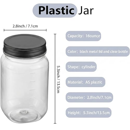 novelinks 16 oz Plastic Mason Jars and Clear Plastic Jars with Lids 16 oz | 20 Pack, Black, Plastic Containers with Lids, Decorative Jars, Storage Jars, Candy Jars, Mason Jars for Centerpieces
