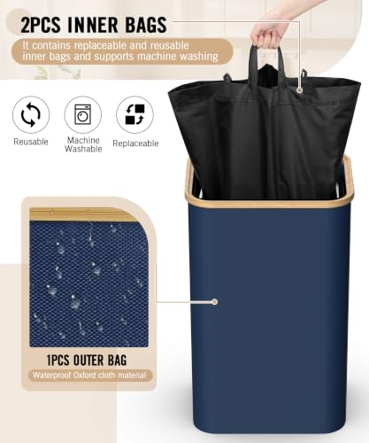 Magicheap 26 Gallon (100L) Recycling Bins for Kitchen with Bamboo lid, Blue | with 2pcs Removeable and Reusable Inner Bags, Oxford Fabric, Recycle Trash Bin for Indoor Bottle Can Glass Plastice