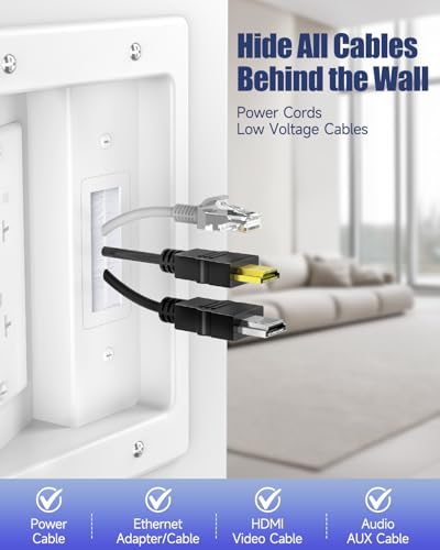 Wall Cable Concealer Kit, in Wall Cable Management Kit for TV, Recessed Outlet with Cable Management Box, in Wall Power Kit Hides TV Cords and Cables, Fits All Plugs, White