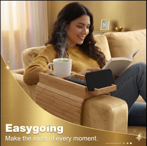 Bamboo Sofa Armrest Tray with Detachable Cup Holder, Foldable Couch Arm Table, Non-Slip Organizer for Drinks, Remote, Phone & Snacks, Space Saving Armrest Caddy for Sofa